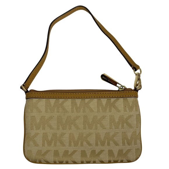MICHAEL KORS Signature MK Logo Jacquard Leather Trim Wristlet Handbag Clutch - Picture 1 of 11